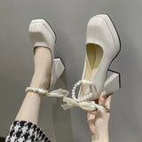 Women Pumps Elegant Bow Square Toe Black High Heels Fashion Thick Heel Wedding Party Pearl Lace Wedding Shoe Zapatos