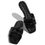 New Women's Slippers Summer Bow Square Toe Shoes Twist Strap Ladies Flat Sandals Outdoor Beach Casual Comfy Female