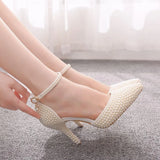 Queen Pointed Toe White Ivory Pearl Wedding Shoes Thin High Heels Pumps Bridal Ankle Strap Sandals Female Party