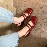 Soft Leather Mary Jane Shoes Female Retro Block Heel Square Toe Work Pumps New One-Word Buckle Strap Mid-Heel High