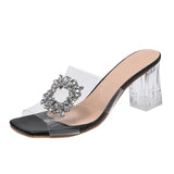 Snake Pattern Square Toe Transparent Slippers Summer New Women Shoes Casual Brief Fashion Rhinestones Women