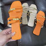 Women Square Toe Gold Pu Flats Outdoor Slippers Casual Ladies Summer Shoes Mature Open Toe Design Slides Slingback