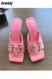 Button Slippers Women Fashion Square Toe High Heel Slide Candy Color Sandal Ladies Elegant Mule Shoe Flip Flops