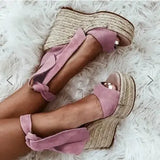 Large Size Beige Heeled Sandals Velvet Shoes Cross-Shoes Clogs Wedge 2024 Summer Espadrilles Platform Big Black High