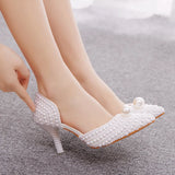 Queen White Pearl Wedding Shoes Bride High Heels Sandals Pointed Toe Pumps Ladies Party Ankle Strap