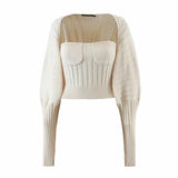 Casual Beige Knitted Women's Suit Square Collar Sleeveless Top Bishop Long Sleeve Cardigan Two Piece Set Women