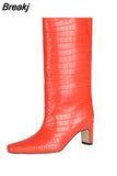 Orange Square Toe Woman Boots Crocodile Print Square Heel Leather Outdoor Shoes Spring Autumn Knee-length Boots