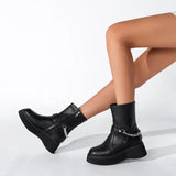 Chain Leather Boots Women Handmade High Quality Platform Chelsea Boots Wedge Heel Zip Comfortable Autumn