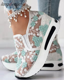 shoes Platform Wedges women's Sneakers Floral Embroidery Mesh Sneakers For Women Slip On Casual Comfy Heeled Shoes Woman