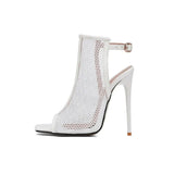 Women PU Leather Sandal Summer 2023 Fishnet Hole Design Peep Toe Thin High Pump Big Size 35~48 Gladiator Ankle Strap Dress