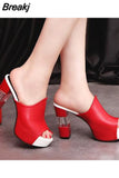 Ladies Leather Sole Slippers Women Sexy High Heel Mules Black Peep Toe Platform Mules Sandals