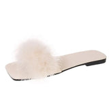 Blue Summer Flat Fur Slipper Women 2023 Soft Bottom Non Slip Slides Shoes Woman Fashion Square Toe Fluffy