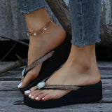 Thick Sole Sandals Summer Rhinestone Wedge Women Flip Flops Pearl Flower Platform Light Sildes Fashion Outdoor Shoes