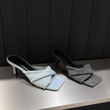 New Summer Denim Cross-Band Square Head Stiletto Slippers Wearing Fashionable High-Heeled Women's