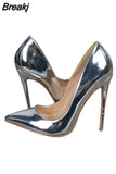 fashion 12 cm extreme high heels shallow mirror pointed toe metal color champagne gold silver QP029
