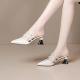 Leather Pointed Rhinestone String Bead Women Slippers Fashion Breathable Comfort High Heels Baotou Wearable