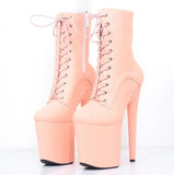 Selling Pink Boots Lace-up High Heel Platform Boots Round Toe 20CM Leather Boots Women High Quality Night Club Tight