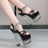 2023 New Platform Sandals Women Summer Sexy Square Heel Cross Belt High Heels 17cm Bling Ladies Strip Pole Dance
