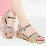 Leather Sandals Women Open Toe Slope Heel Roman Shoes Women 2024 Summer Thick Medium Heel Fashion Soft Bottom Women's