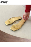 Square Toe Slippers Women Slip On Slide Flat Casual Summer Shoes Beach Flip Flops Narrow Band Sandal New Brand