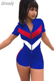 Sport Women Rompers Zipper Bodycon Jumpsuit Striped Patchwork Casual Slim Overalls Short Sleeve Streetwear
