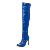 Winter Thin Heels Thigh Boots Women Pointed Toe Over the Knee Boots Big Size 48 Buckles Stiletto Patent Leather Zip