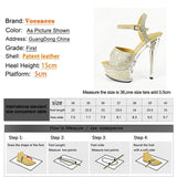 Women New Golden Emboss High Heels Ankle Strap Gladiator Sandals 15CM Stiletto Party Shoes 2023 Thick Bottom Stage Perform