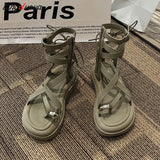 Women Summer New 2023 OpenToe platform Shoes Round Toe Square Heels Sandals Cross Strap Back Zipper Woman Shoes