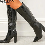 Fashion White Women Knee High Boots Sexy Snake Print Leather Pointed Toe Square Heels Ladies Long Booties Zip Female