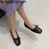 Brand Flats Women Shoes Female Slip On Casual Loafers Square Toe Ballet Boat Shoes Shallow Bow Knot Ballerinas Gold