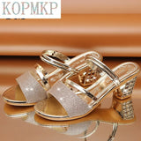 2022 Gold Women Pumps Sandals Summer Open Toe High Heels Low Block Heel Shoes Gladiator Ankle Strap High Gladiator Women