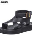 Women Sandals Genuine Leather 2023 Summer New Clip Toe Flats Shoes Gladiator Buckle Strap Muffin Sandals Casual Ladies
