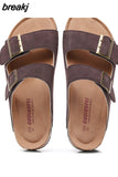 New Summer Men Beach Slides Shoe Casual Cork Nubuck Leather Outdoor Fashion Double Buckle Slippers