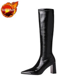 Women's Boots Long Footwear Winter Knee High Shaft Shoes for Woman Very Heel Square Toe Black 2023 Novelty Work Fashion New
