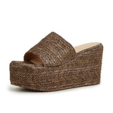 Open Toe Platform Slip On Women's Sandals Straw High Wedges Heeled Summer Shoes Elegant Beach Casual Beige Shoes