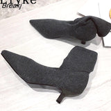 Spring Autumn Casual Cozy Black Stretch Fabric Ankle Sock Boots Women Pointed Toe Low Thin Heels Slip On