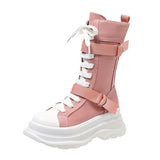 Canvas Chunky Platform Motorcycle Boots Women Zip Thick Bottom Combat Boots Woman Autumn Winter Punk Mid Calf Botas
