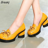 Spring Women Pumps Retro Lady 6CM High Heels Slip On Platform Pumps Handmade Women Genuine Leather