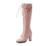 2022 Autumn Winter Women Knee-High Motorcycle Boots Thick Heel Platform Bow-knot Female Wedding Boots Plus Size 48