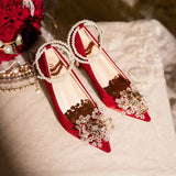 Pearl Chain Buckle Strap Thin High Heels Crystal Flower Decor Wedding Bridesmaid Shoes Temperament Party Prom Lady