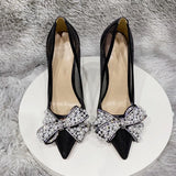 Pearls Bow Women Black Matte Gauze Mesh Pointy Toe High Heel Shoes Elegant Ladies Summer Stiletto Pumps 8cm 10cm