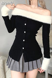 Winter Slim Vintage Black Tops Office Lady Long Sleeve Casual Pullover Elegant Korean Fashion Clothing Woman Button
