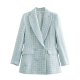 Chic Blue Tweed Jacket Women 2021 Fashion Turn-down Collar Double Breasted Pockets Coat Female Casual