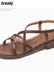 Size 33-40 Women Sandals Real Leather Rome Low Heels Summer Shoes For Women 2023 Buckle Strap Chunky Heel