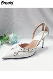 High-Heeled Shoes Lady Woman's Slippers Slides Pointed Toe Low 2023 Cover Rome Basic PU Fabric Scandals Hoof Cover Toe