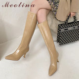 Women Genuine Leather Boots Thin High Heel Ladies Shoes Pointed Toe Knee High Boots 2021 Autumn Winter Black