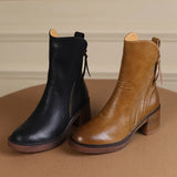 Women's Boots Autumn Leather Short Boots for Women Round Toe Chunky Heel Retro Brown Female Zipper Ankle Boots Botas