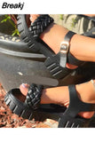 Ladies Leather Sandals 2023 New Summer Rhombus Plaid Sandals Casual Buckle Flat Platform Platform Sandals for