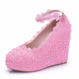 Queen Wedges Wedding Pumps Sweet White Flower Lace Pearl Platform Shoes Bride Dress High