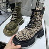 Boots for Women Sexy Leopard Lace-up Round Toe Square Heel Platform Boots Retro Trend Shoes Botas Altas Plataforma